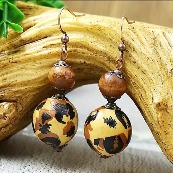 Wood Leopard Print Ball Drop Dangle Earrings - Picture 2 of 4